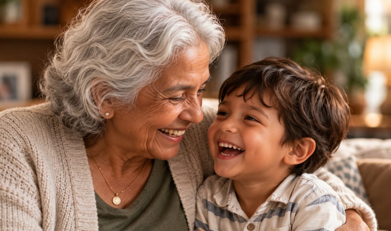 A grandmother and grandson laughing together