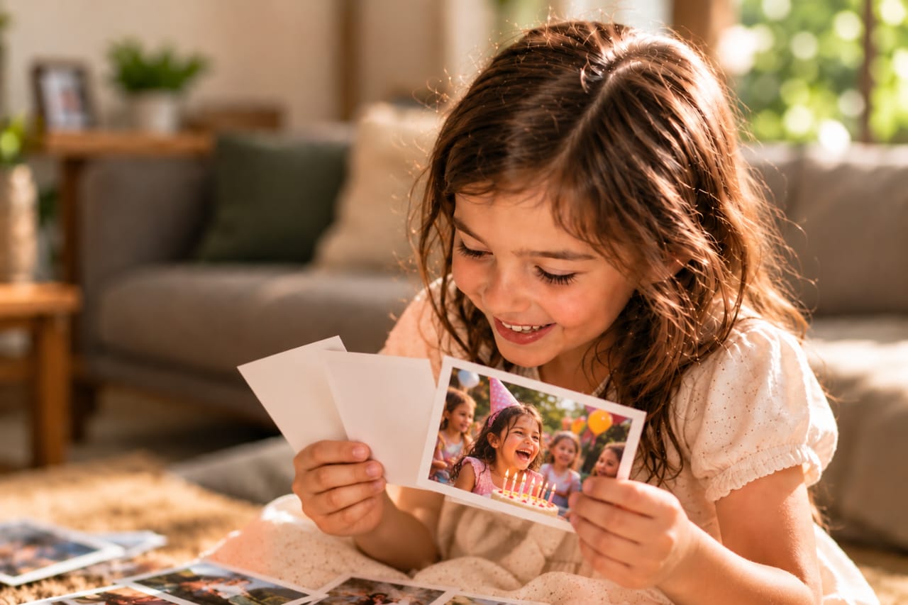A girl with long brown hair smiling down at a printed birthday photo in warm window light