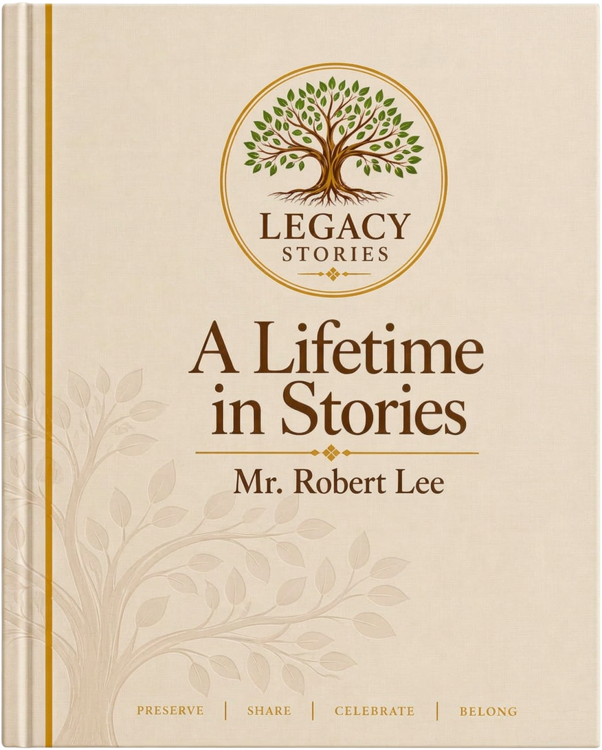 Ivory Legacy Stories keepsake book, A Lifetime in Stories, for Mr. Robert Lee, with a tree emblem and gold accents