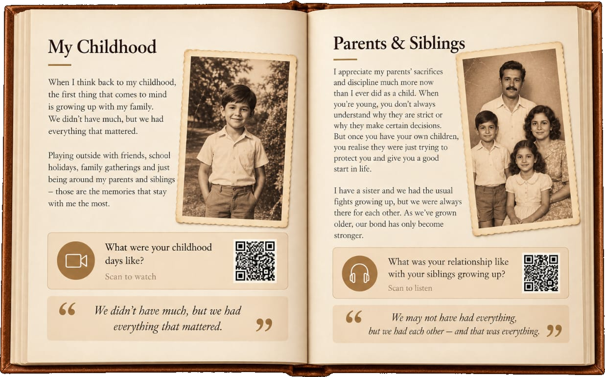 An opened leather-bound Legacy album showing My Childhood and Parents & Siblings, family photographs and recording QR codes